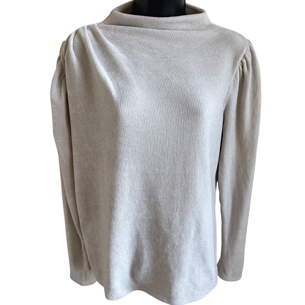 Beige Mock‎ Neck Puff Sleeve Ribbed Knit Long Sleeve Quiet Luxury Romantic Chic